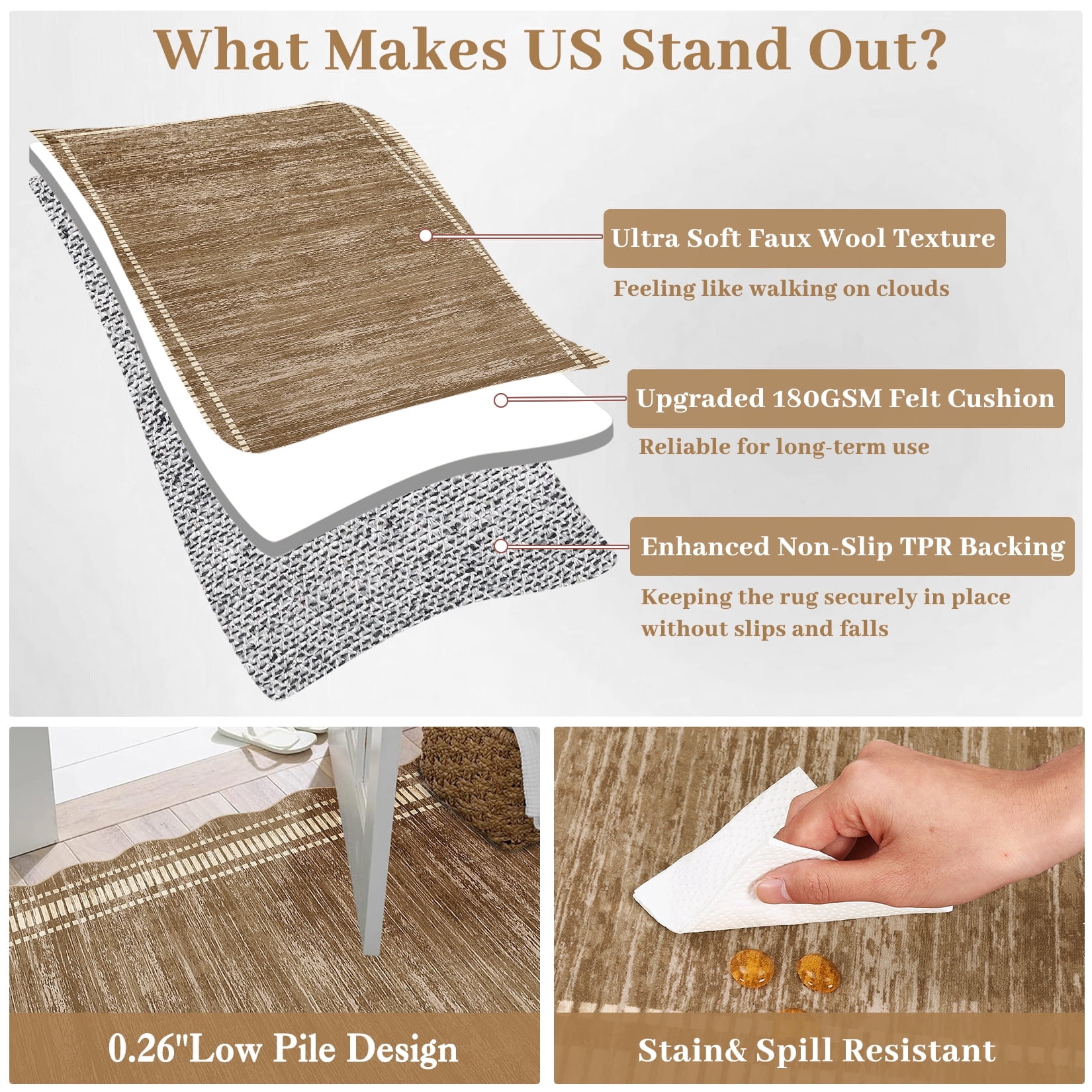 Twister.CK Modern 2' x 6' Bordered Runner Rug, Washable Irregular Area Rugs, Non-Slip Carpet for Bedroom Dining Room Home Office, Camel