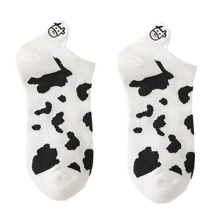 

Dasbsug Women Summer Low Cut Short Boat Socks Harajuku Cartoon Milk Cow Pattern Striped Printed Animal Embroidery Heel Tab Invisible Anklet Hosiery