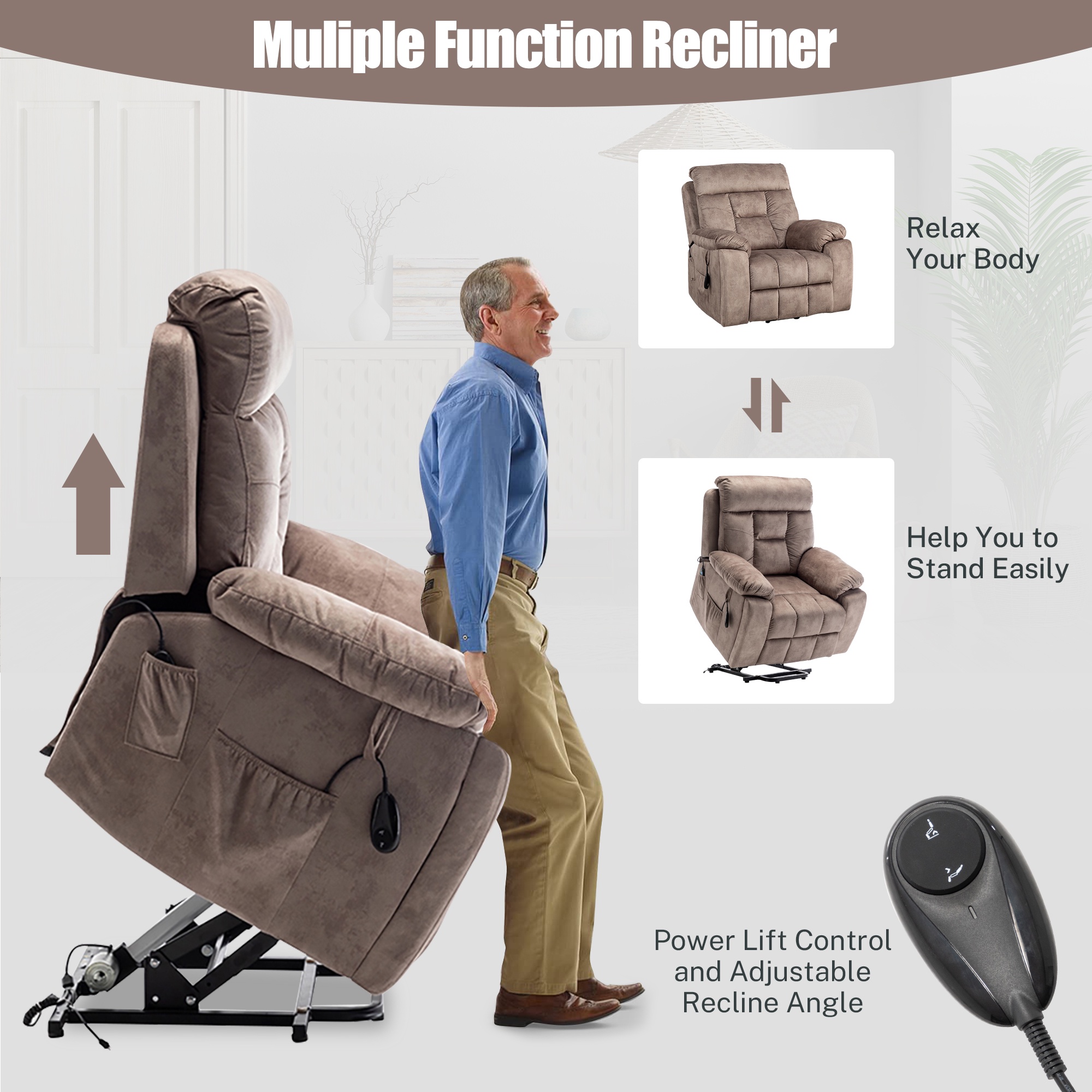 SYNGAR Electric Lift Recliner Chair with Heat and Massage, Oversized Recliner with Hidden Cup Holder for Living Room, Single Recliner Sofa with 26" Width Seat, Easy Assembly, Light Brown