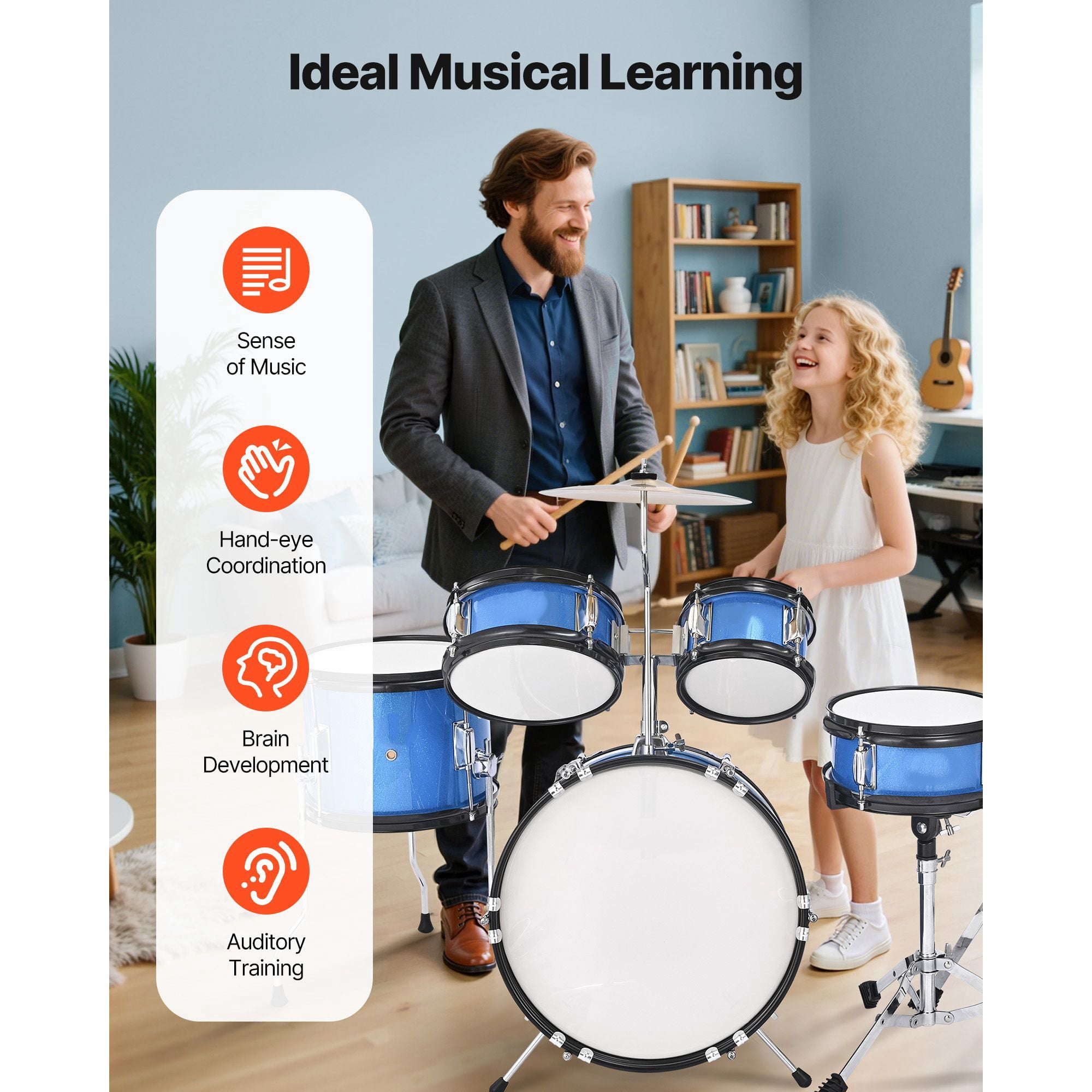 Kids Drum Set, 5-Piece 14 in Junior Drum Sets, Beginner Drums Set with Adjustable Throne, Cymbal & Two Pairs of Drumsticks, Musical Learning Drums Instruments Kit, for Children Ages 6-13 (Blue)