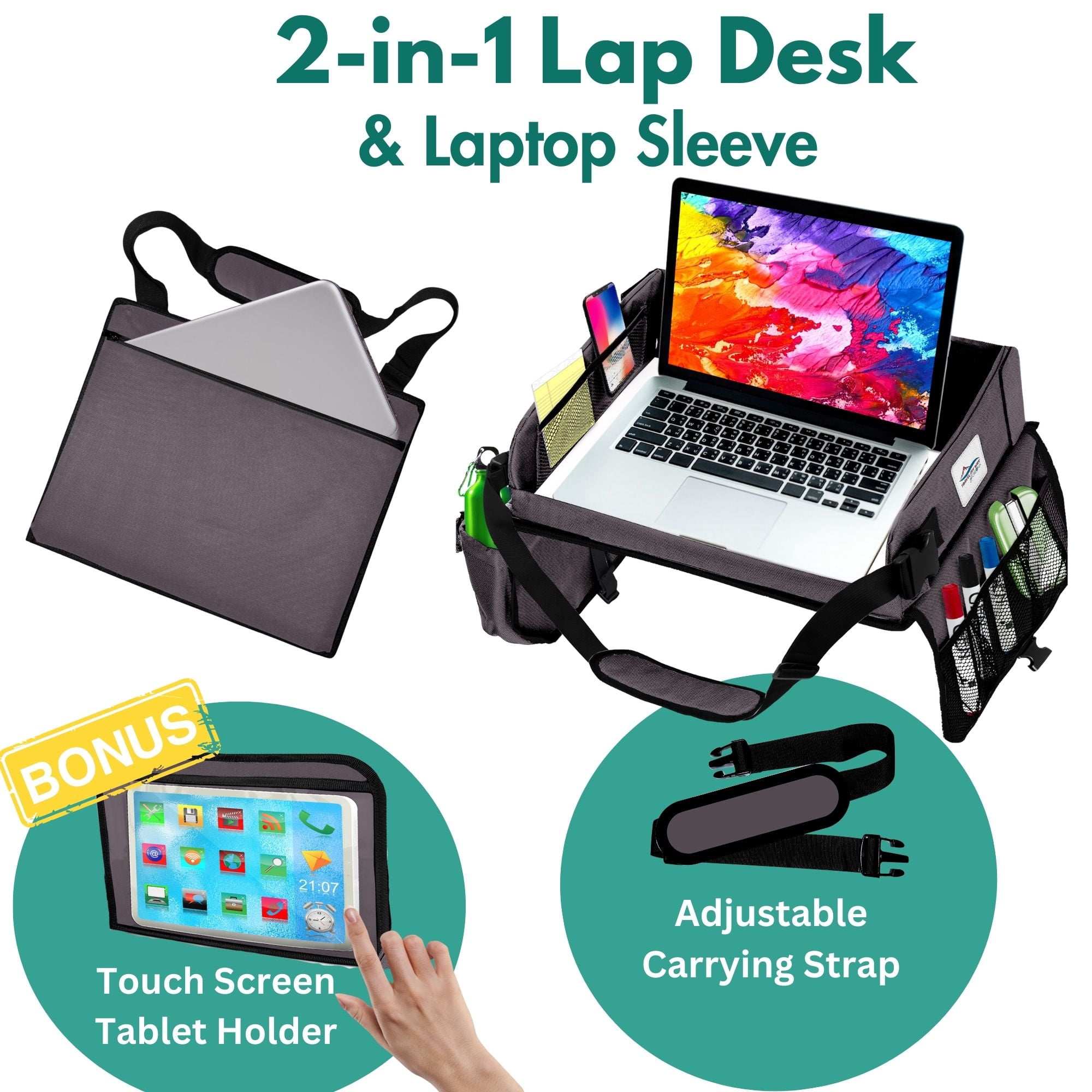 Cerizona Travel Lap Desk - Travel Tray, Portable Lap Desk for Car, Remote Work, Trips, School - Storage Pockets, Laptop Tablet Sleeve, Adjustable Carrying Strap - Fits up to 15.6-Inch Laptop (Gray)