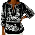 thumbnail image 2 of Womens Linen Tops Summer Casual Loose 3/4 Sleeve Shirts for Beach Vacation Trendy Print V Neck Blouses Tops Black XL, 2 of 6