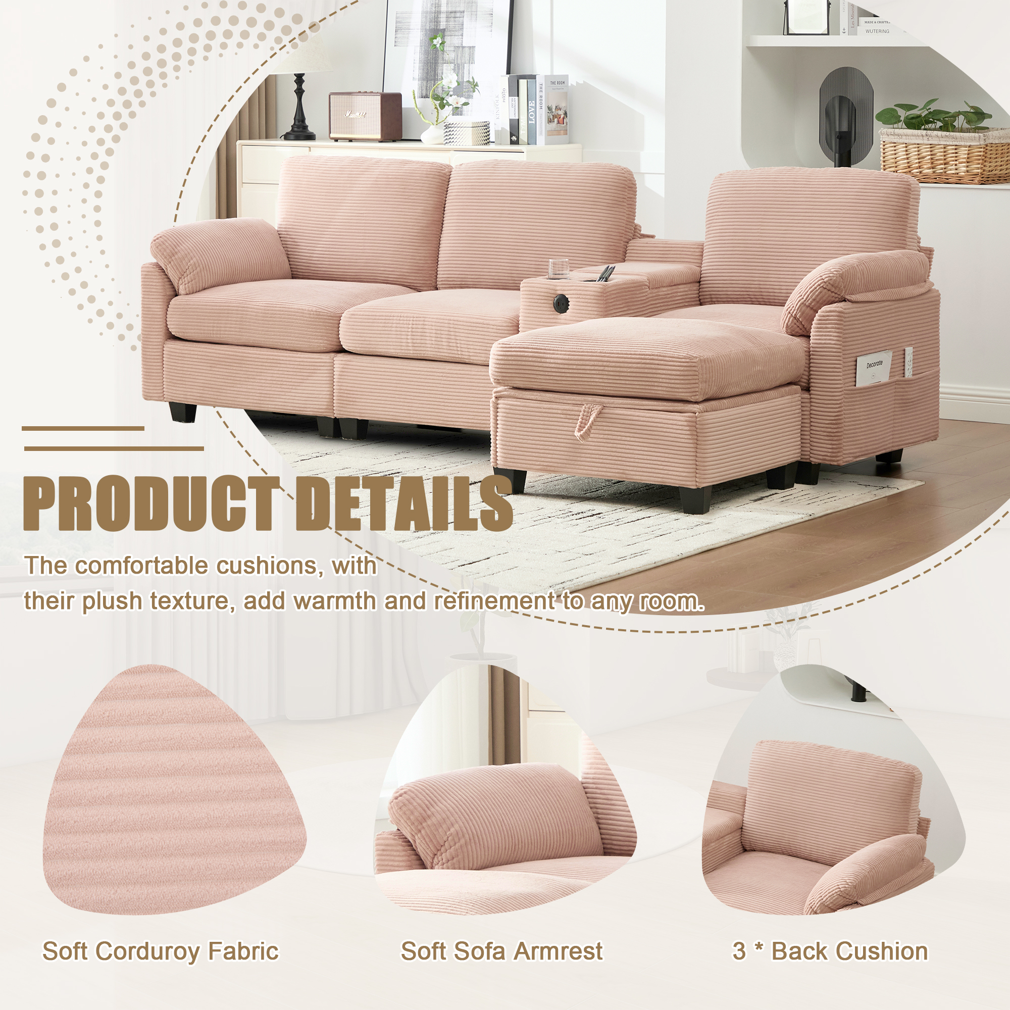 MOONMISS Corduroy Upholstered L-Shaped 4-seater Storage Multifunctional Sectional Sofa with Storage Ottoman-Pink