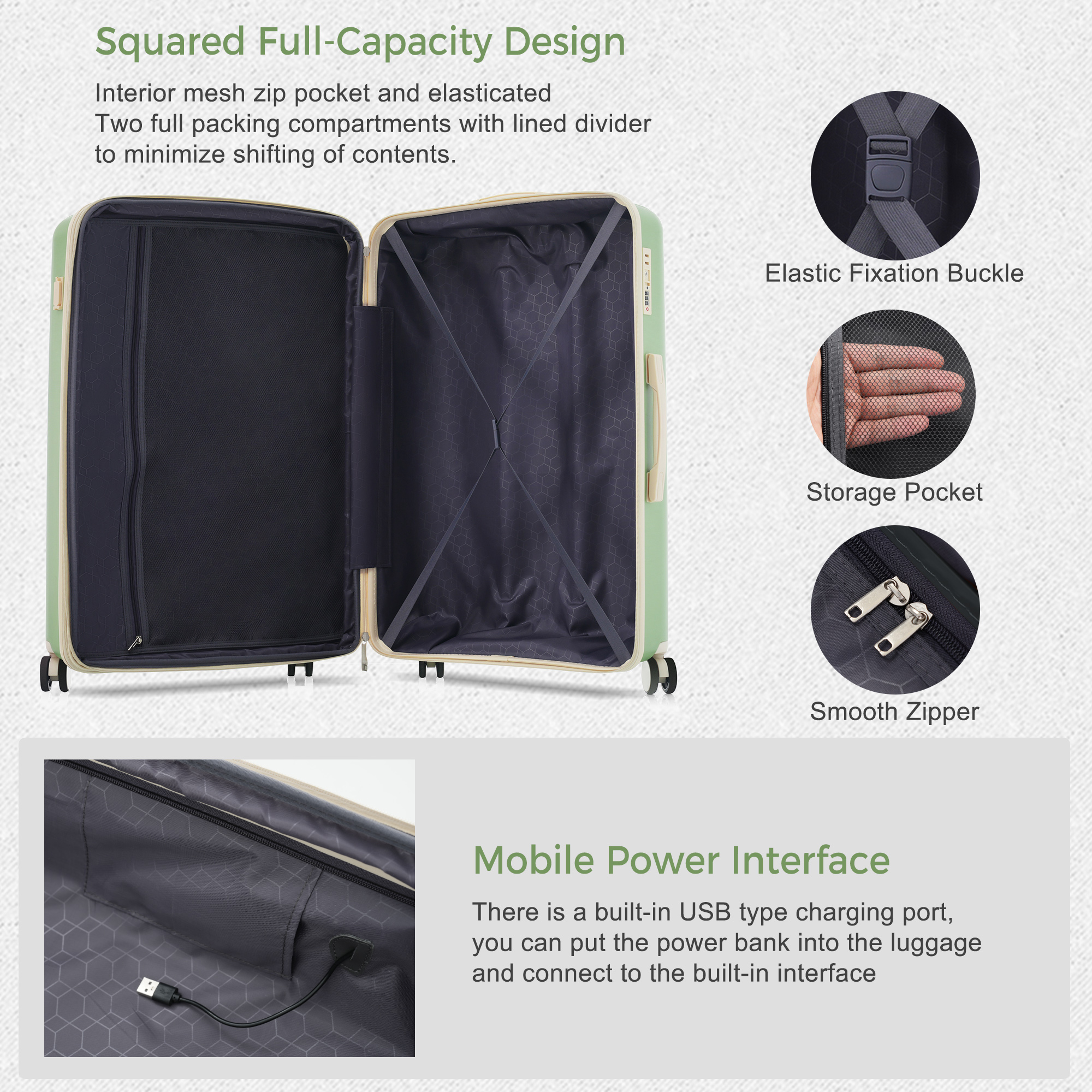 Aukfa 3 Piece Luggage Set Expandable with USB Port, Lightweight Spinner Suitcase, Green