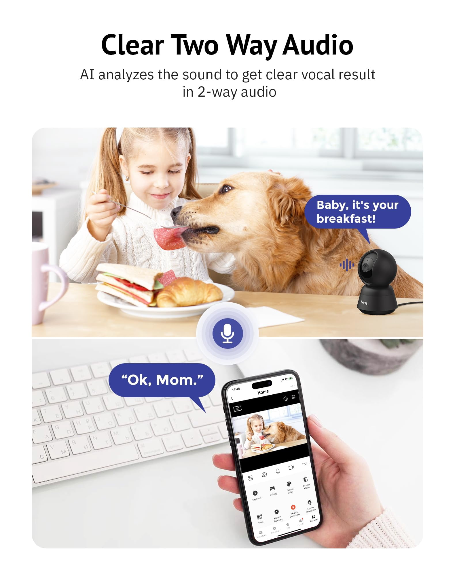 Hugolog 3K 5MP Indoor Pan/Tilt Security Camera with Auto-Focus,2.4 GHZ/5 GHZ,Ideal for Baby Monitor/Pet Camera,Starlight Color Night Vision,Human/Pet AI,Noise Reduction,US Cloud,Works with Alexa