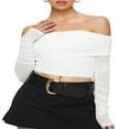 thumbnail image 1 of Folded Neckline Solid Color Cropped Tops with Ruched Long Sleeves for Women, 1 of 7