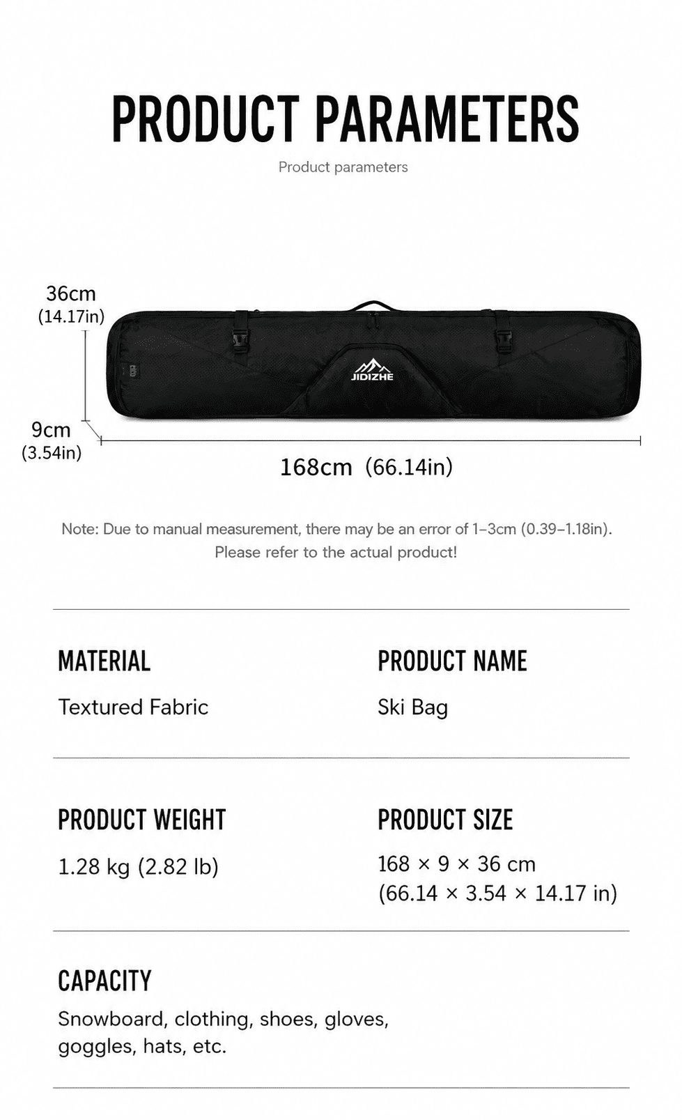 JIDIZHE Ski Bag Waterproof Textured Fabric Lightweight with Detachable Shoulder Strap 66.14 in for Ski Travel, Black