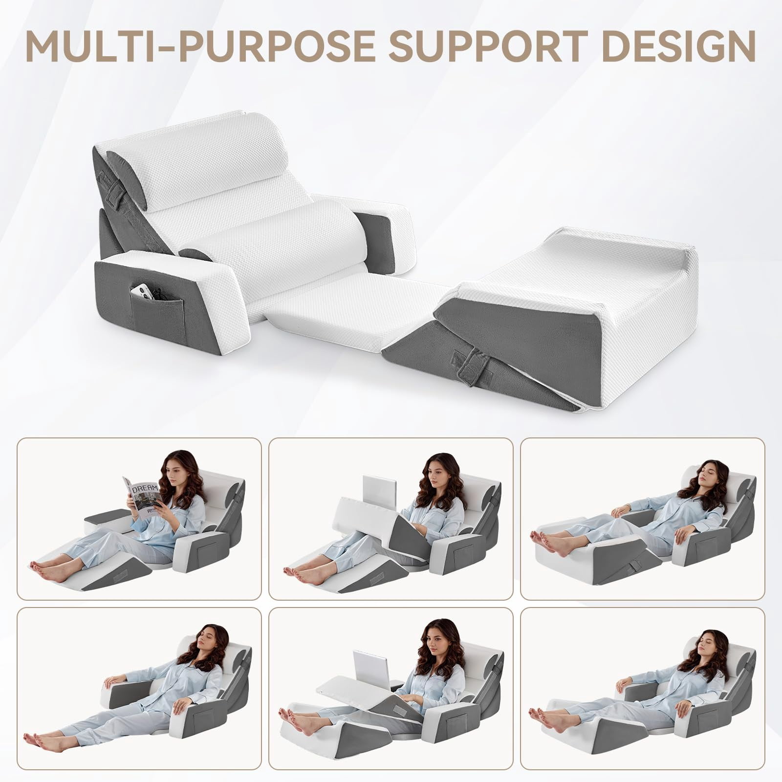 9pcs Bed Wedge Pillow Set For Sleeping  And Leg Foam Body Triangle Adjustable Support - Acid Reflux Pillows Grey