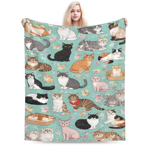 Floral Cat Pattern Blanket, Mothers Day Spring Gift Cozy Soft Plush Flannel Blanket for Sofa Couch Bed Living Room Decor 50x40