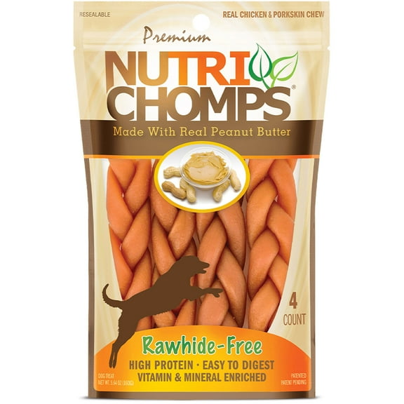 Nutri Chomps Premium Rawhide-Free Braided Dog Treats, Peanut Butter Flavor, 6 Inch, 4 Count