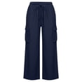 thumbnail image 7 of Bloomae Women Imitation Denim Cargo Pants Loose Wide Leg Casual Palazzo Pants Lightweight Drawstring Elastic Waist Comfy Lounge Beach Summer Trousers with Multi-Pockets Navy M, 7 of 7