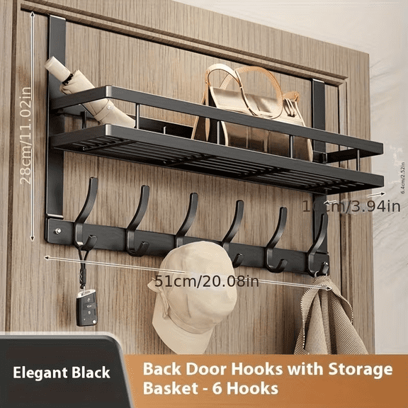 Black 20.47inch with 6 hooks,Multifunctional Metal Easy-Install Over-the-Door Storage Rack for Bedroom, Bathroom & Kitchen Organization, A Perfect Gift for Christmas And Halloween