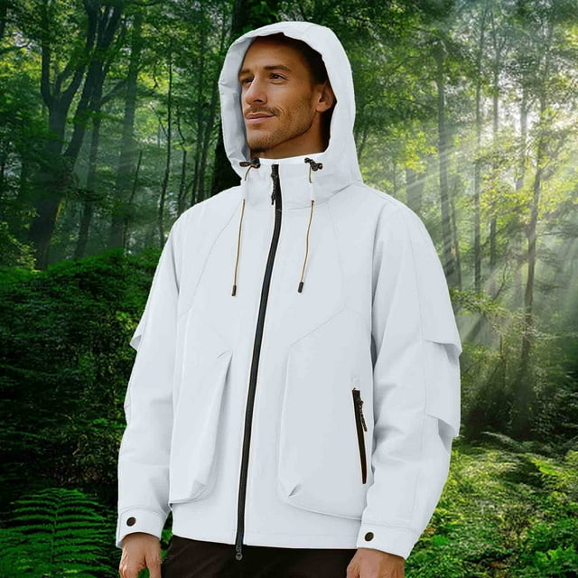 PEONAVET Veste pour Hommes, Couleur Unie, Imperméable, à Manches Longues, avec Capuche et Multiples Poches