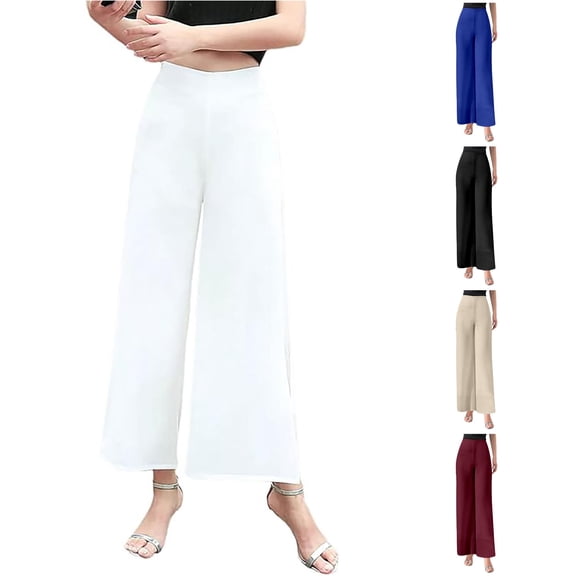 Tanghaowl Women's Pants, Women's Lightweight Chiffon High Elastic Waist Flowing Trousers Flared Straight Leg Wedding Culottes White S