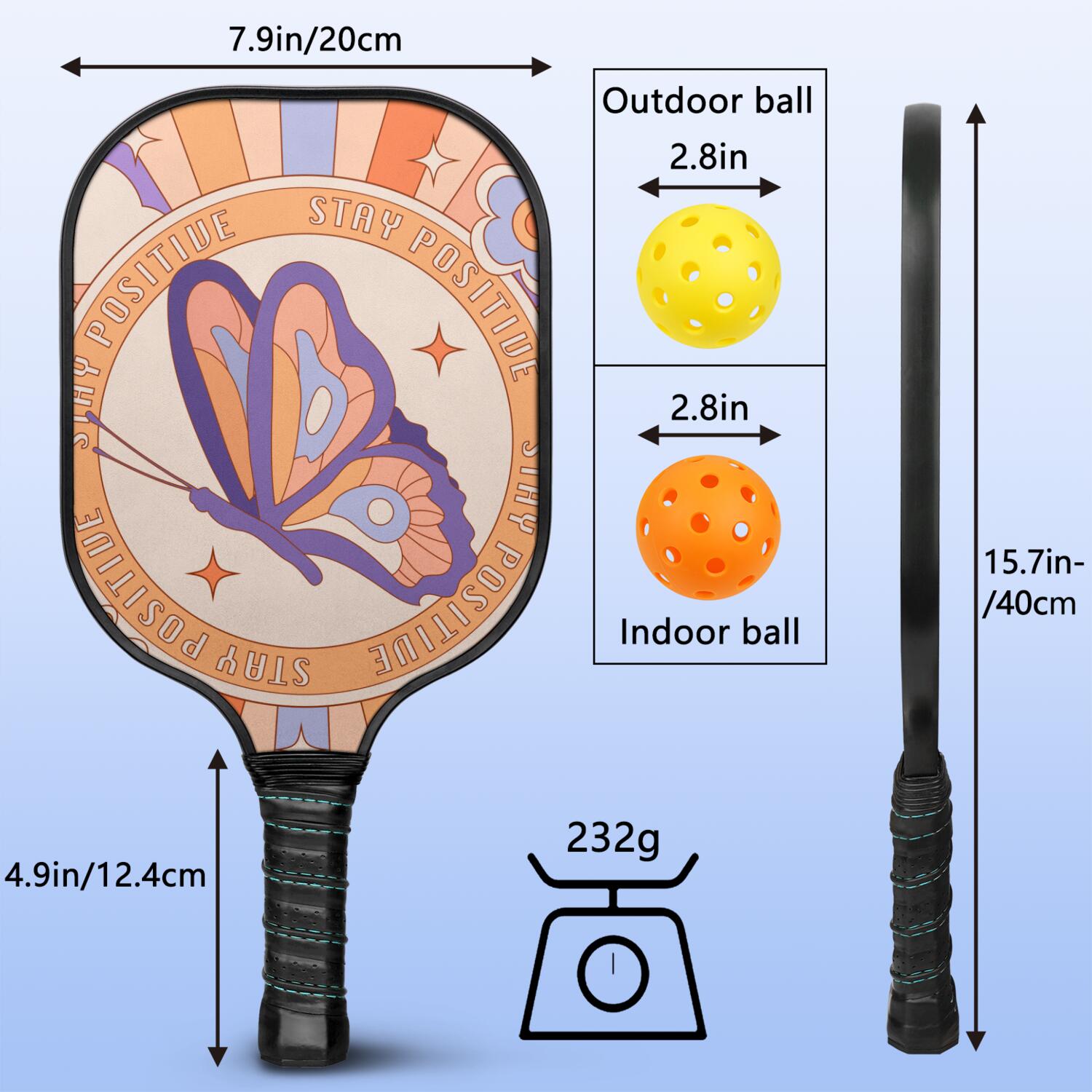 Pickleball Paddles Set Of 2, Fiberglass Surface, Butterfly Print, 4 Balls & Bag