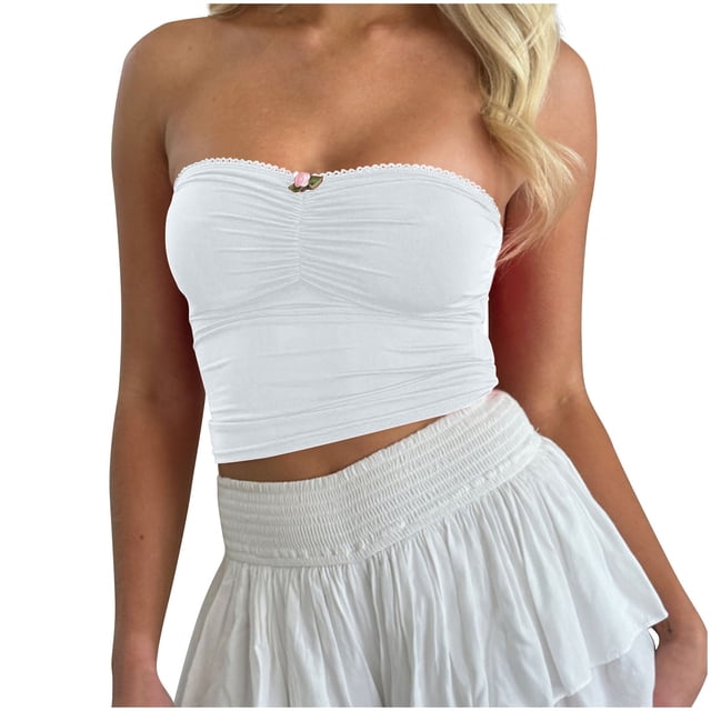 Timegard Tube Tops for Women Summer Strapless Ruched Basic Sleeveless Stretch Slim Shirts Casual Crop Tops