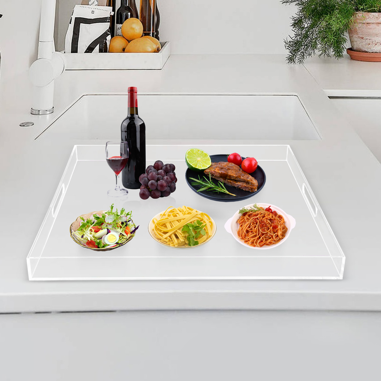 TFCFL Square Extra Large Acrylic Serving Tray with Handles Oversize Spill Proof Trays Countertop