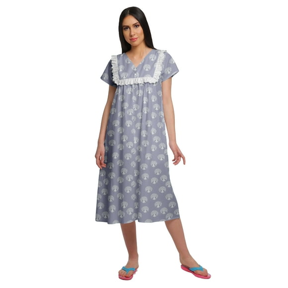 Moomaya WoMen's Printed Short Sleeve Nightdress V-Neck Cotton Sleepwear Gown