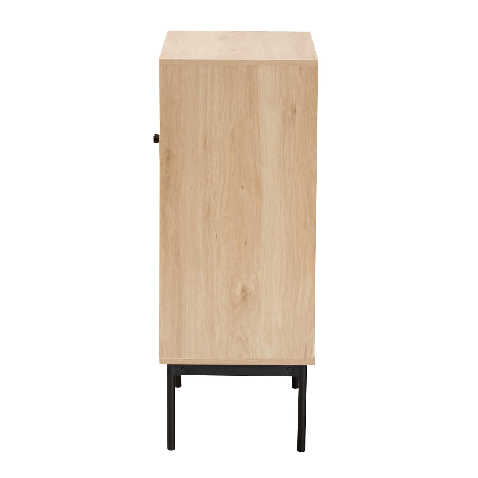 Baxton Studio Sherwin Mid-Century Modern Light Brown and Black 2-Door Storage Cabinet with Woven Rattan Accent