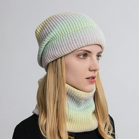 

LnjYIGJ Hot Hat Autumn Winter Gradient Color Woolen Hat Thickened Warm Ear Protection Cold-proof Knitted Hat Bib Set
