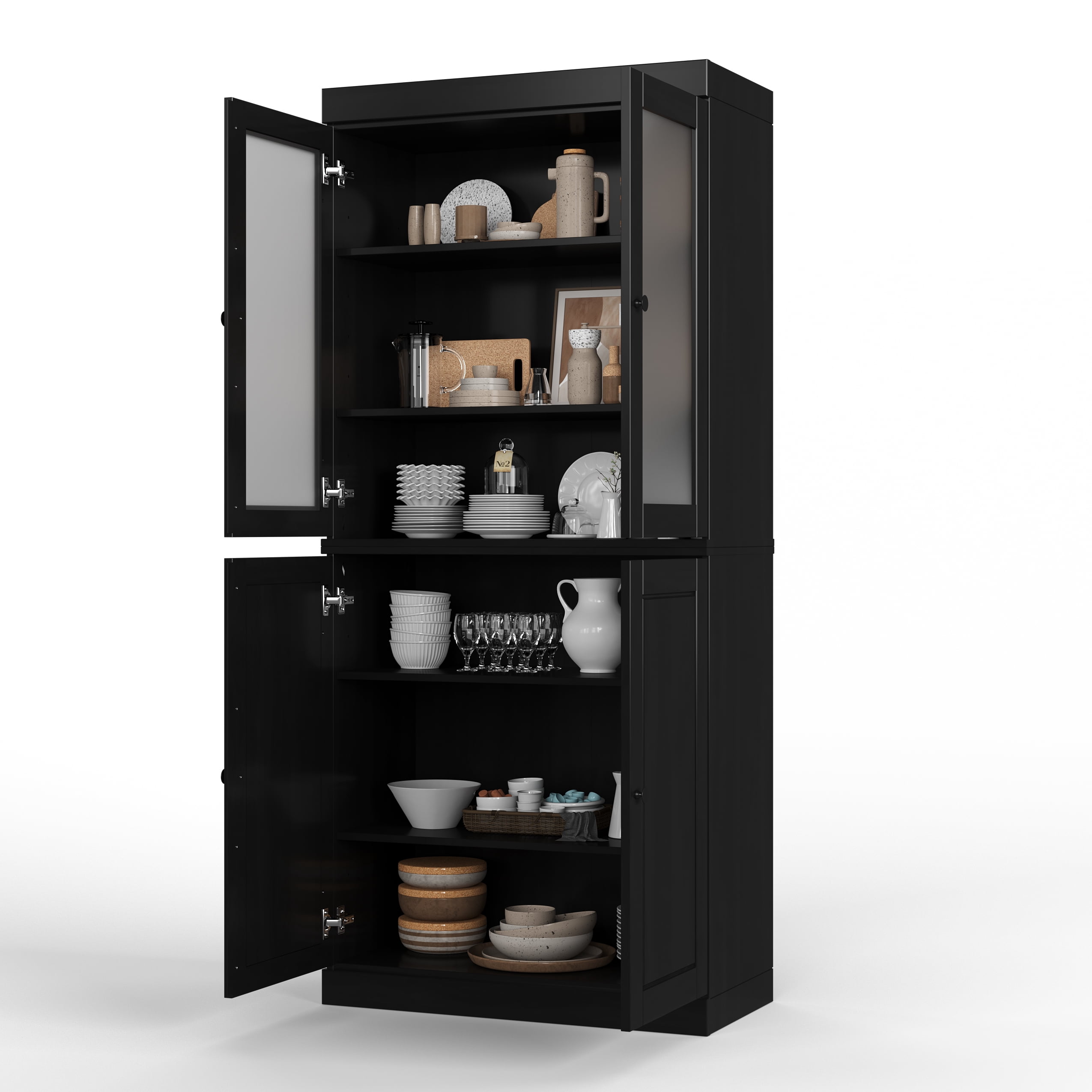 Palace Imports 100% Solid Wood 32" Pantry Cabinet with Solid, Frosted Glass Doors and Adjustable Shelves, Black