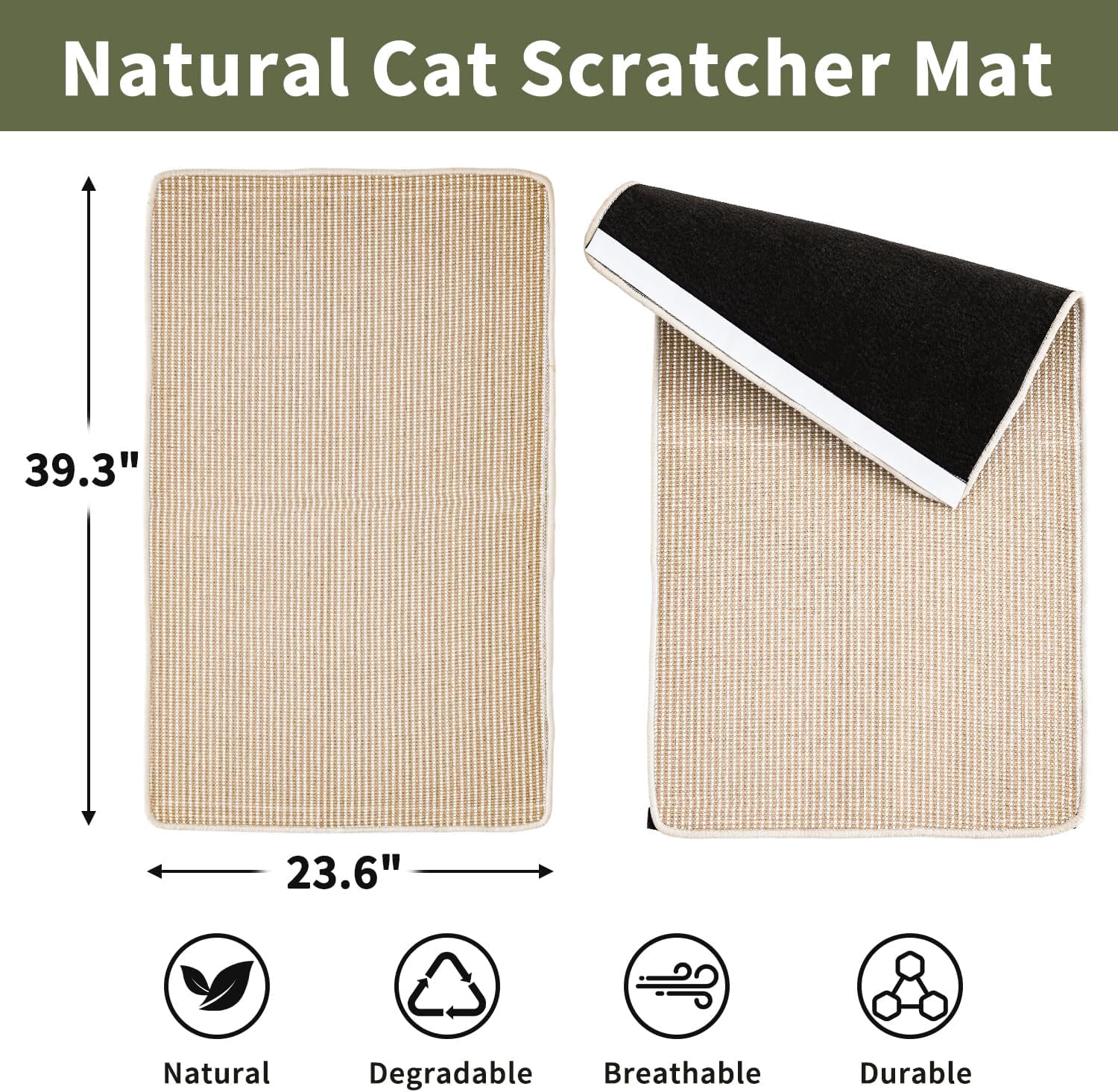 THBN Cat Scratcher Mat, 23.6"x 15.7" Natural Sisal Cat Scratch Mat with Velcro Tape, Scratching Rug Pad for Indoor Cats, Furniture Protector, Floor Carpet, Wall Pad, M, Beige