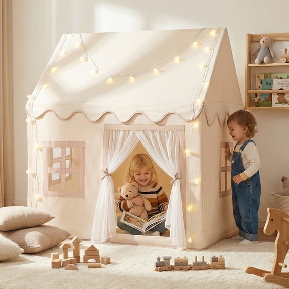 Wilwolfer Kids Play Tent for 3-12 Years Boys and Girls, Gold Playhouse with Lights and Carpet, Ideal for Indoor Outdoor