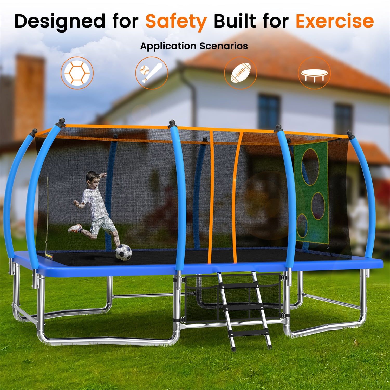 Hommoo 8x14FT Outdoor Square Trampolines with Basketball Hoop and Ladder, Long Rectangular Tumbling Trampoline, Blue