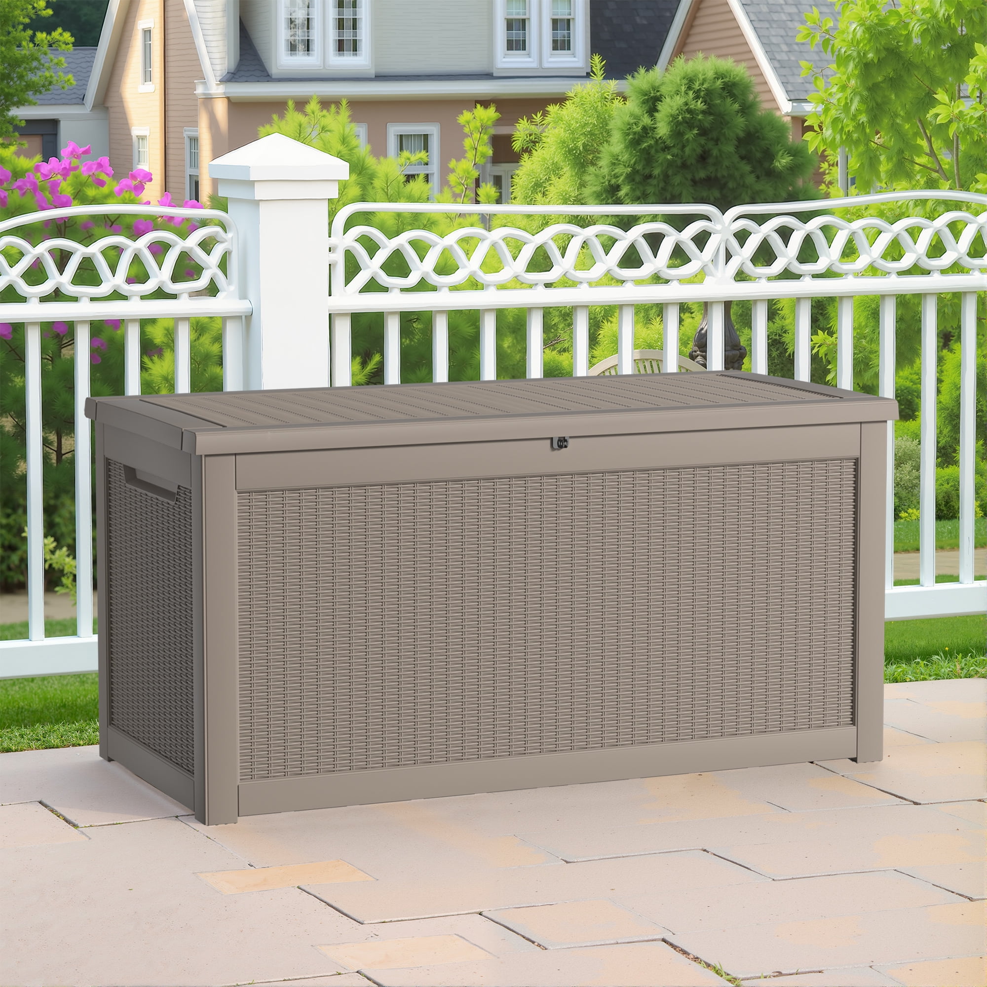 MAYEERTY 260 Gallon Outdoor Deck Box, Large Capacity Storage Box for Patio Furniture Cushions, Pillow with Wheels, Light Brown