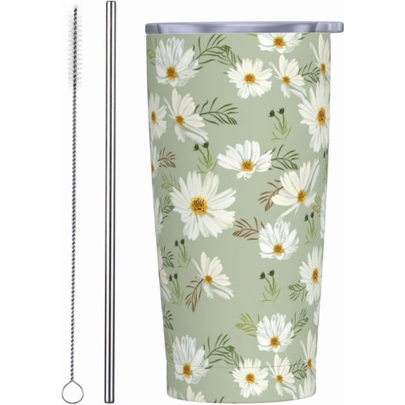 Cosmos Flower Tumblers, Green Daisy 20oz Stainless Steel Insulated Travel Tumblers,Travel Coffee Mug with Lid and Straw Cups Gifts for Women Men