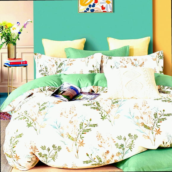 Green Leaf Floral Comforter Set - Queen Size, Lightweight Botanical Bedding, Reversible Cotton Bed Set, Natural Comfort, Tan Gray Leaves