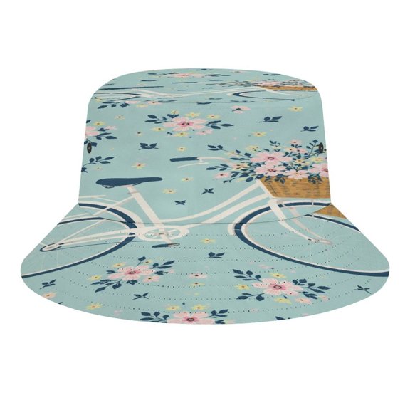 BCIIG White Bicycle With Flower Basket Floral Pattern Bucket Hat, Soft, Printed, Packable Fisherman Sun Hat for Beach Travel Hiking Vacation, Sun Hat for Women Men, One Size