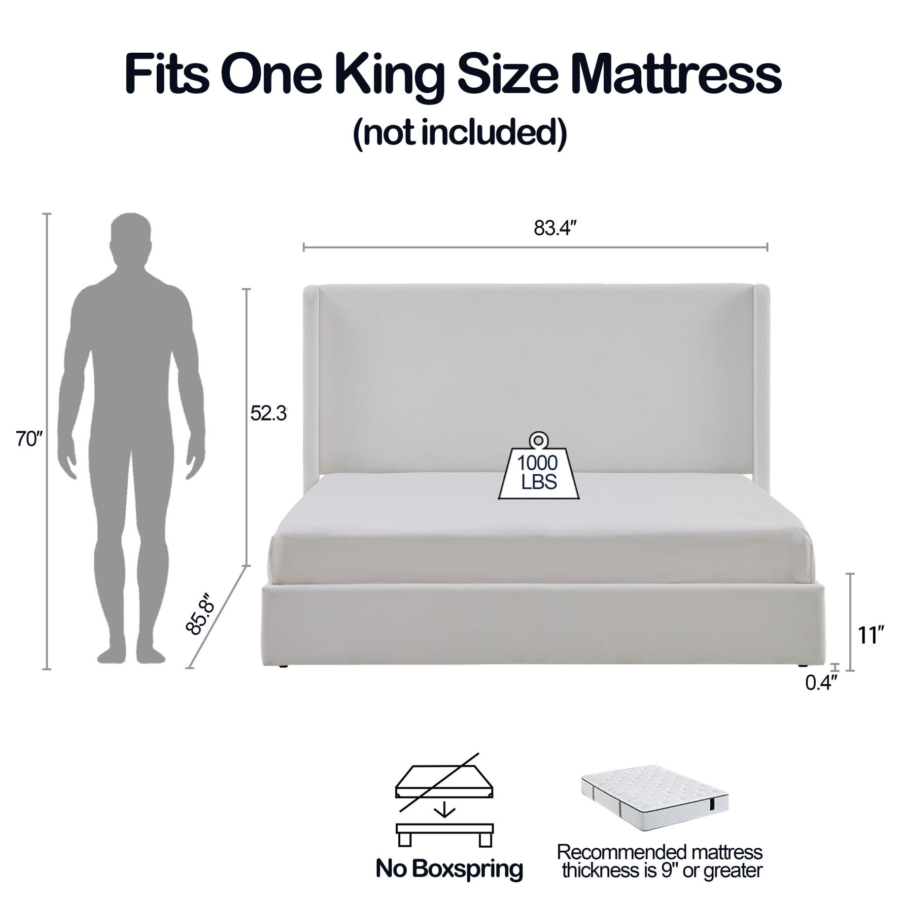 Carmen Upholstered Wingback Bed Frame King Size with 52.3 Inch High Headboard Minimalist Design No Box Spring Needed Easy Assembly Coconut Micro Suede