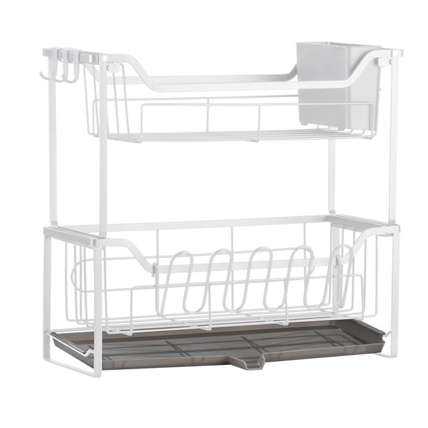 Luckytree Escurridor de Platos de 2 Niveles, Escurridores de Platos Grandes Que Ahorran Espacio, Escurridor de Platos Estrecho para Organizador de Encimera de Cocina, 6.7" de Ancho x 17" de Largo, Bl
