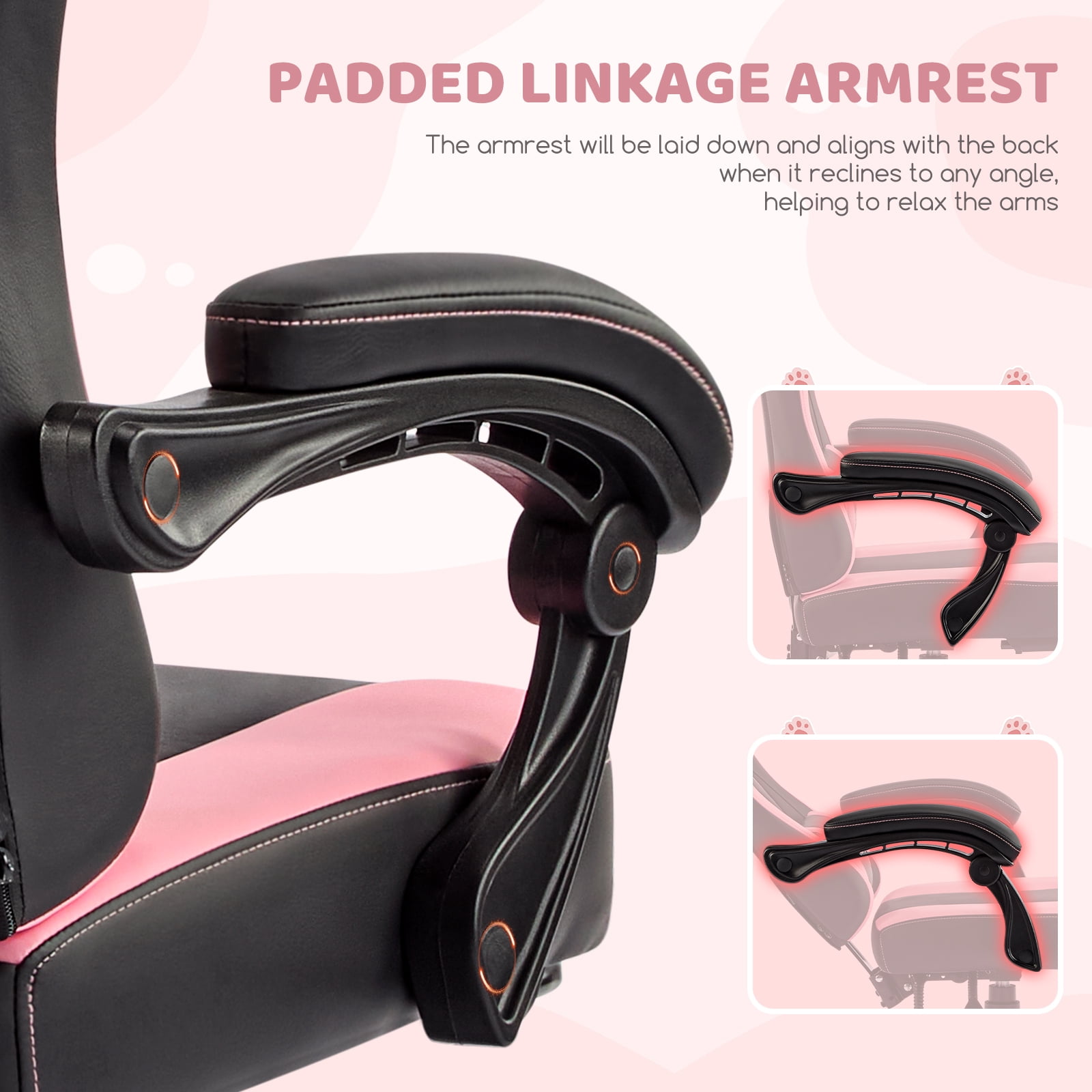 Falvinoryn Cute Gaming Chair, Ergonomic Computer Chair with Cat Ears for Girl, Lumbar Support and Headrest, Reclining Game Chair with Footrest. Black