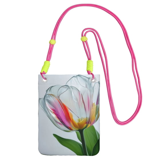 Lightweight Crossbody Cell Phone Purse Bag with Arm Band, Wallet & Key Pouch for Walking, Travel and Hiking, Transparent Tulipa, Fuchusia