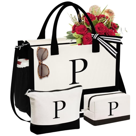 YOOLIFE Bolsa de lona con inicial y bolsa de maquillaje, regalos de cumpleaños personalizados para mujeres, mamá, hija, hermana, amigas, maestra, regalos de boda para dama de honor