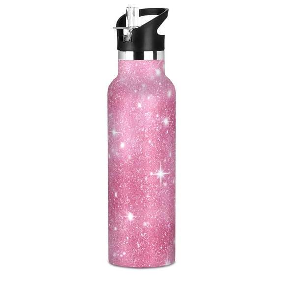Kids Insulated Stainless Steel Sports Water Bottle 600ml (20oz) Pink Glitter Background