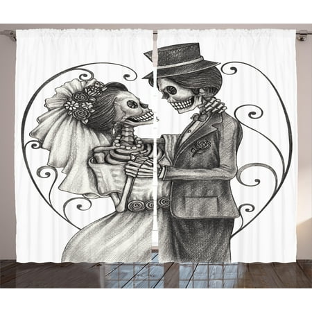 Spanish Style Window Treatments Day Of The Dead Decor Curtains 2 Panels Set, Love Skull Skeleton Marriage Eternal Love Spanish Festive Art, Window Drapes for Living Room Bedroom, 108W X 90L Inches, Dimgrey and White, by Ambesonne ()