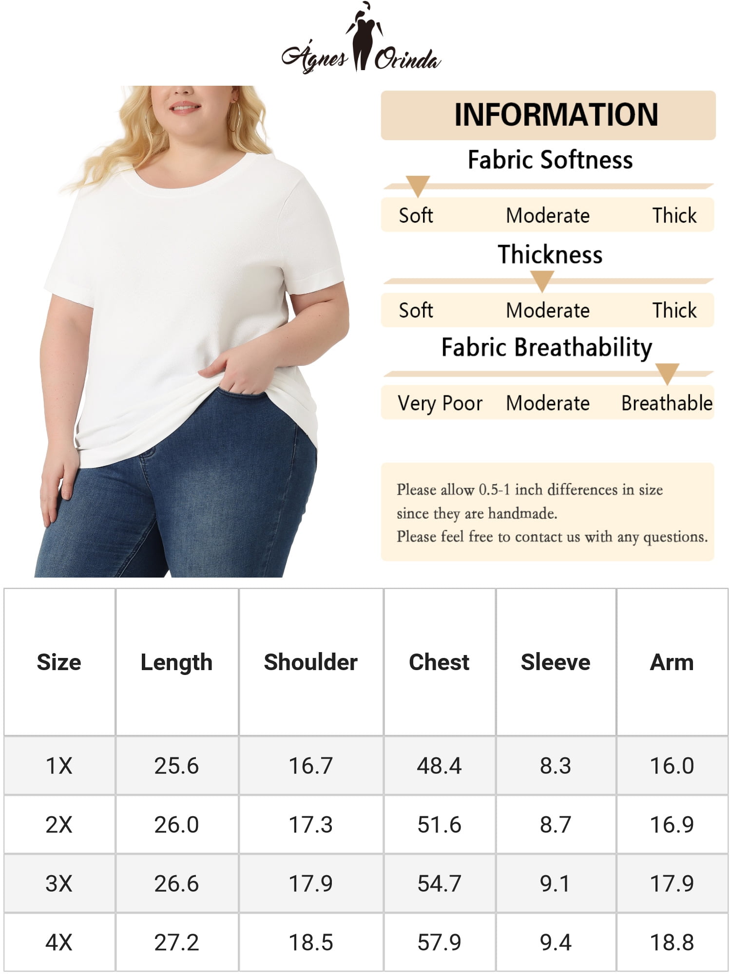 Unique Bargains Women Plus Size Tops Basic Round Neck Short Sleeve Knit Tee Blouses 1X White