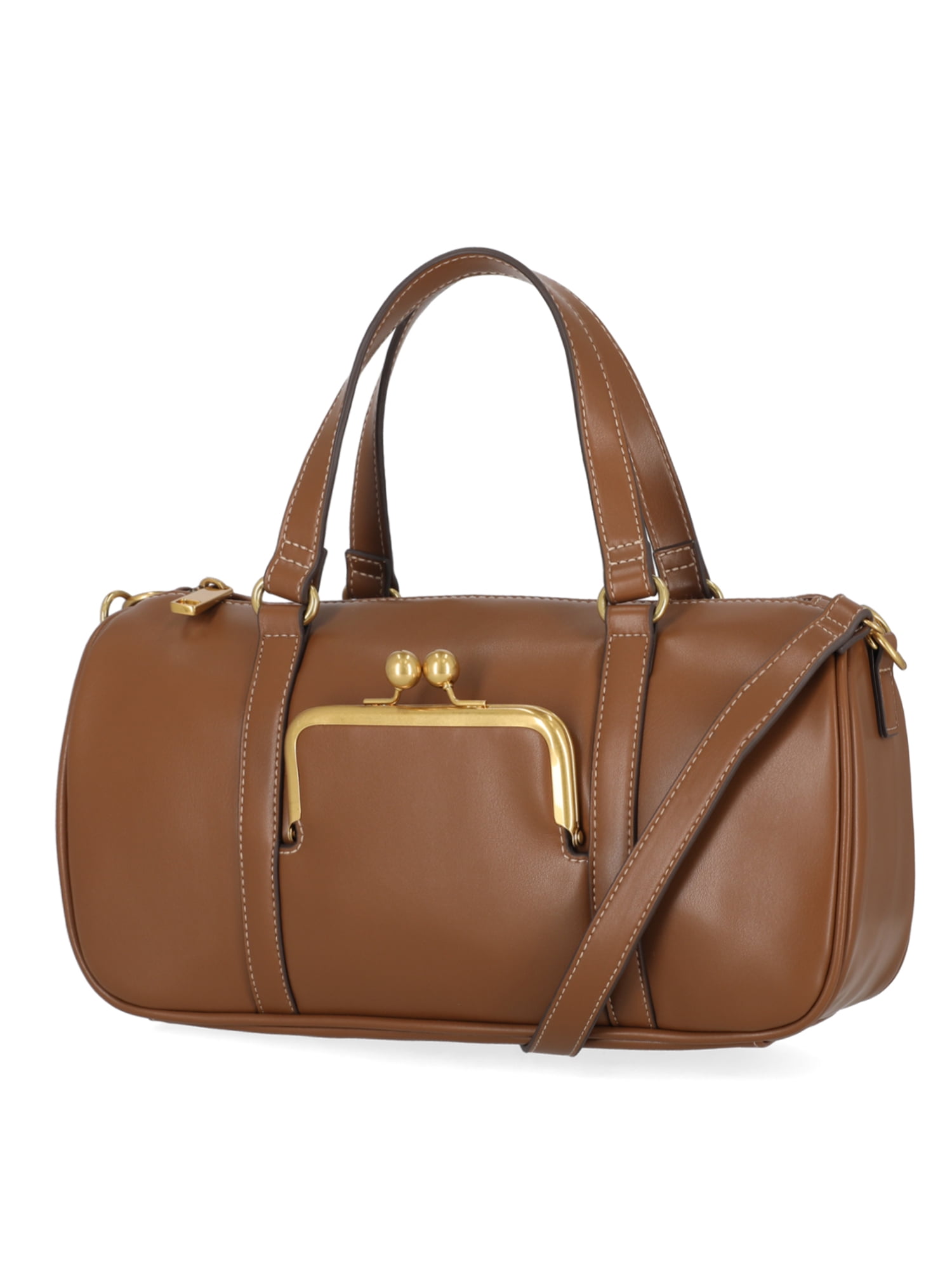 Free Assembly Women's Faux Leather Frame Satchel Handbag, Autumn Brown