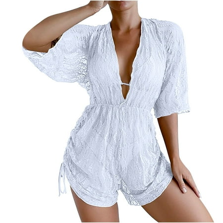 Hfyihgf Women s 3 Piece Swimsuit Halter Triangle High Cut Bikini Set with Floral Sheer Mesh Beach Cover Up Romper Swimwear(White S)