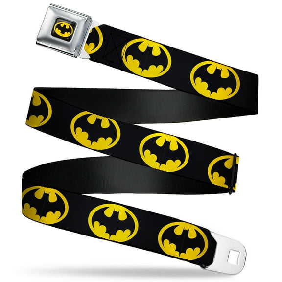 DC Comics Belt, Seatbelt Buckle Belt, Batman 1989 Logo Black Yellow, 30 to 44 Inches