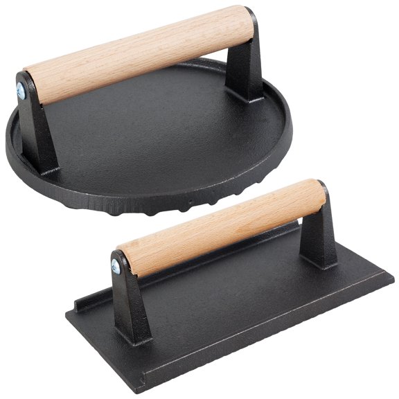 Ikoopy Burger Press Cast Iron Burger Smasher with Wood Handle 7 Inch Round Grill Press 8.3×4.3×2.8 Inch Rectangular Bacon Press Non Stick Hamburger Press Hamburger Smasher for Griddle Cooking