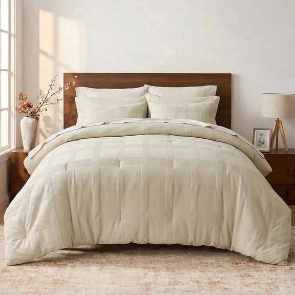 Regency Heights Queen Size Comforter Set – Beige Striped Woven Bed in a Bag, 9-Piece Bedding set with Sheets, Machine Washable for All Seasons