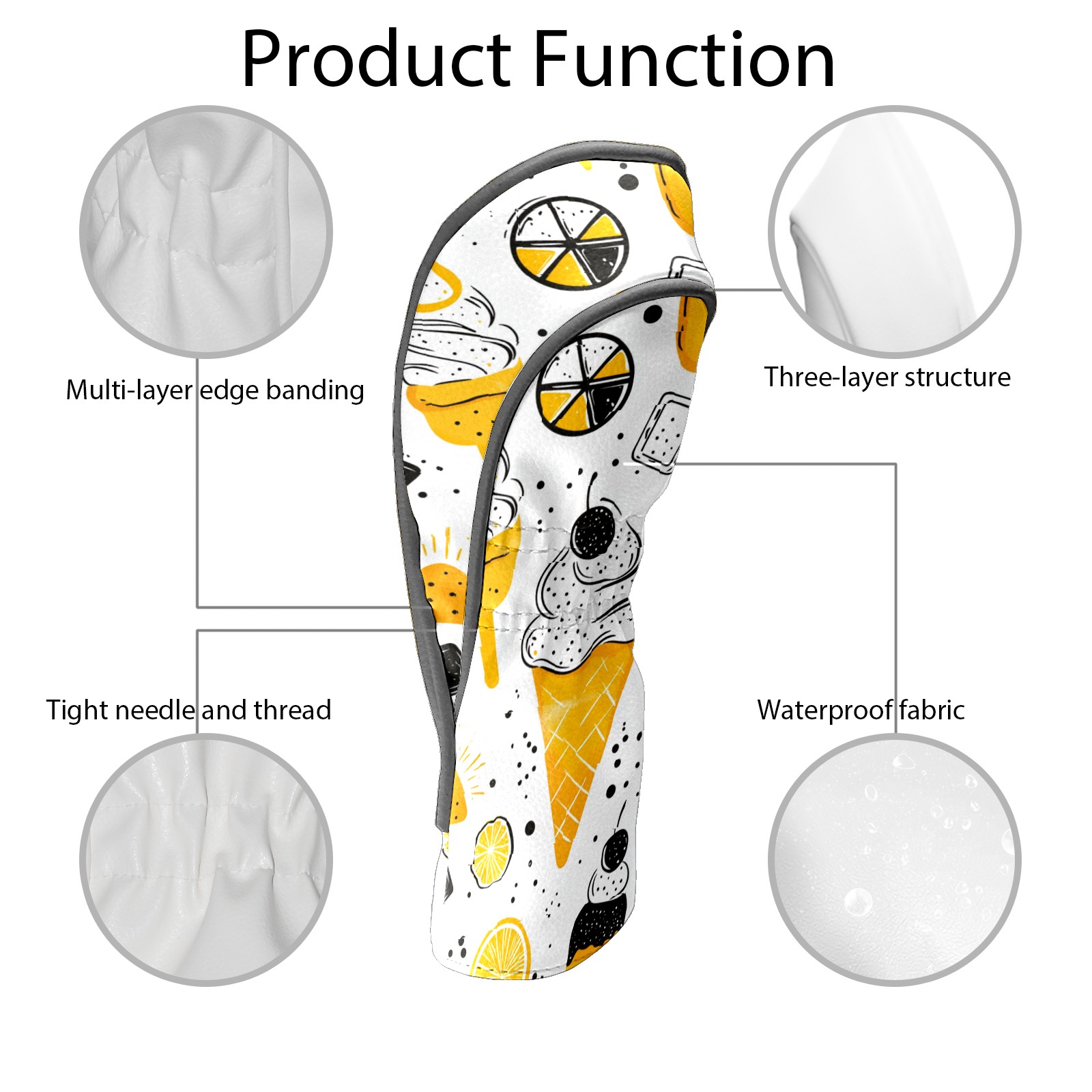 Golf Club Covers PU Leather Waterproof Head Covers for Fairway Woods Hybrids Ice Cream Pattern