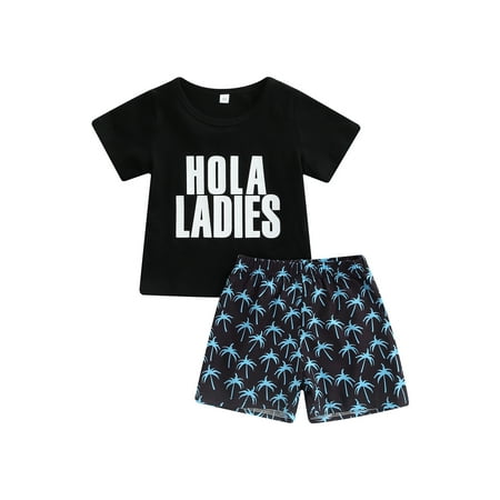 

CenturyX Toddler Kids Boys Summer 2pcs Outfits Short Sleeve T-Shirts Tops Trees Print Shorts Clothes Set Black 18-24 Months