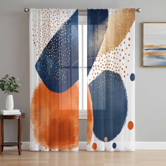 Navy Blue Burnt Orange Semi Sheer Curtains 84 Inch Length 2 Panels Set, Artwork Geometric Contemporary Sheer Kitchen Curtain Privacy Voile Window Curtain for Living Room Bedroom Rod Pocket Drapes