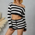thumbnail image 2 of KOMOO Women Two Pieces Knitted Shorts Set Solid Color Stripe Long Sleeve Crop Tops High Waist Short Sets Knit Outfits, 2 of 9