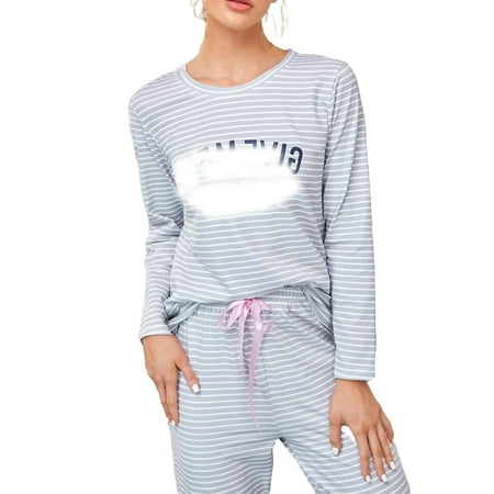 

Women s Pajama Sets Light Grey Casual Slogan Round Neck Pant Sets Long Sleeve
